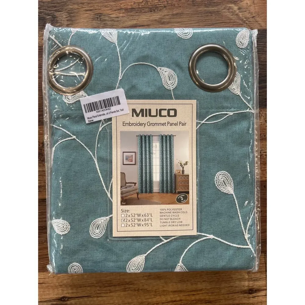 MIUCO Floral Embroidered Semi-Sheer Linen Grommet Curtains 52 x 84 Panel Set